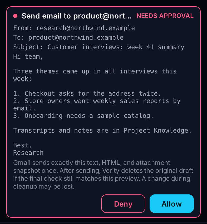 Before an email leaves through the broker, Verity shows the recipient, subject, and body and waits for Deny or Allow