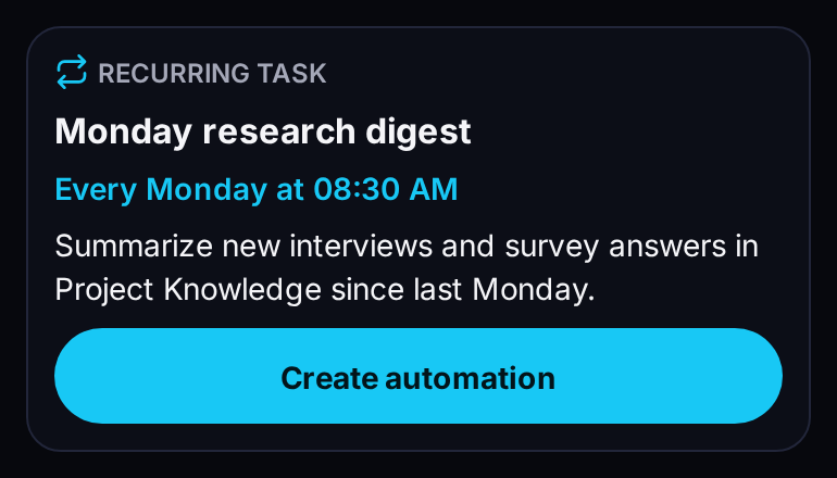 A recurring task on iPhone: every Monday at 08:30 the agent summarizes new interviews from project knowledge
