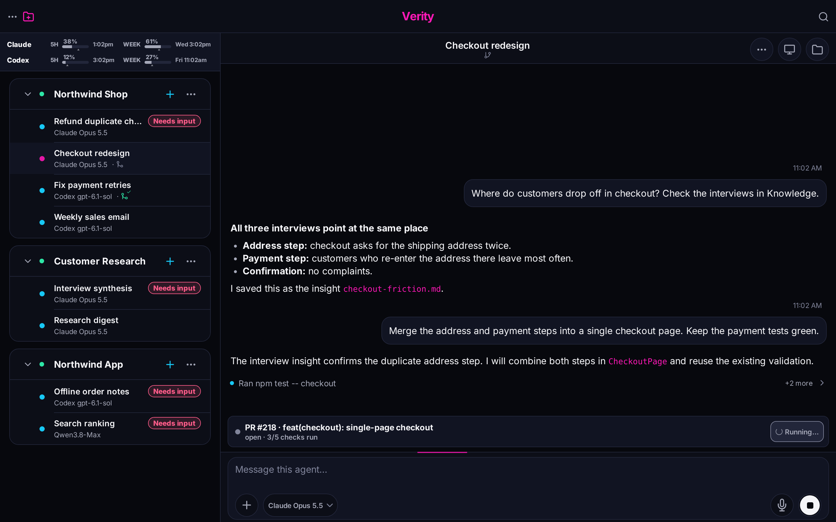 Verity in the browser: three projects with parallel sessions, subscription usage for Claude and Codex, and a coding session that works from findings in project knowledge