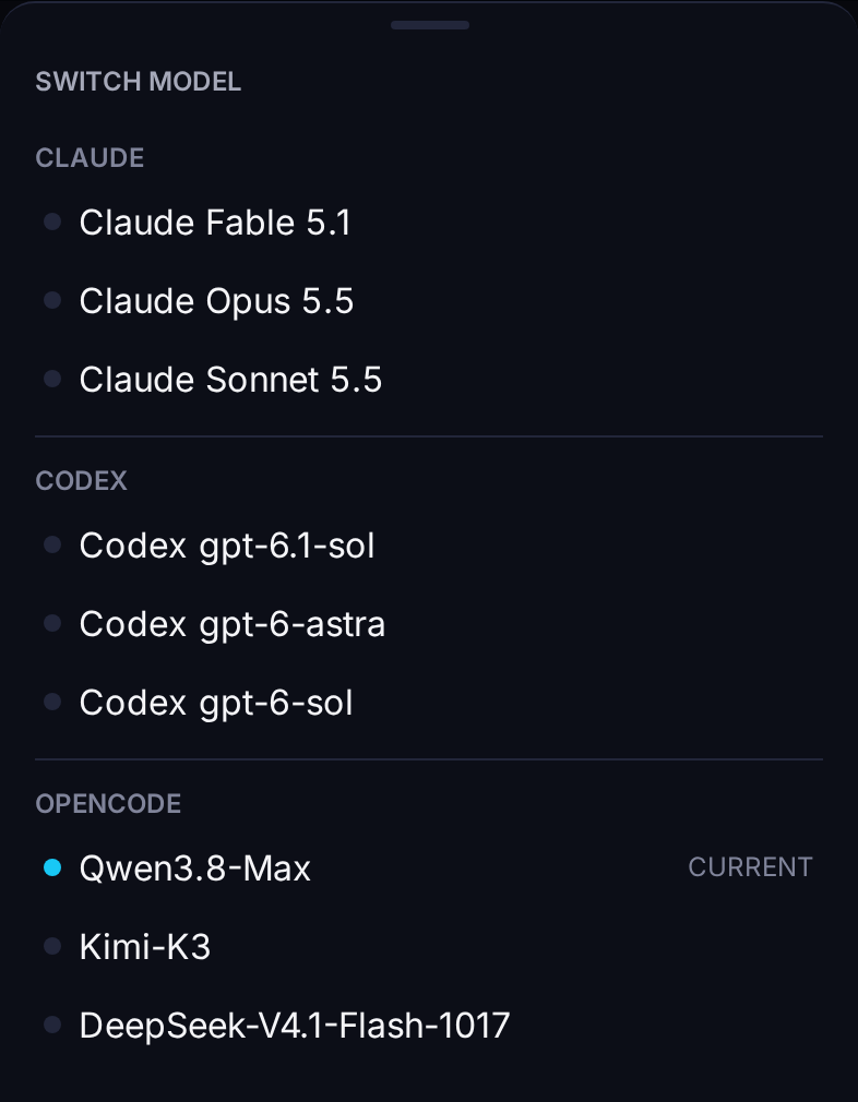 The model switcher grouped by Claude, Codex, and OpenCode