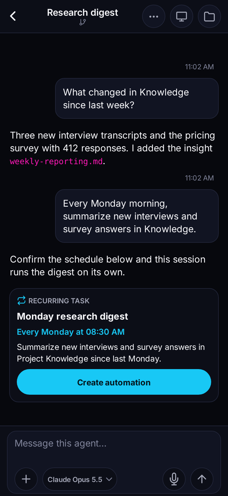 Verity on iPhone: the agent proposes an automation that runs a research digest every Monday at 8:30