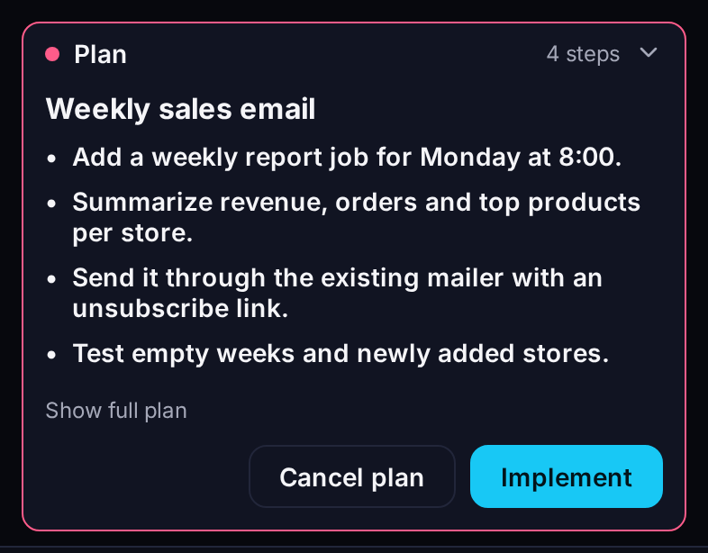 A four-step plan with Cancel plan and Implement buttons