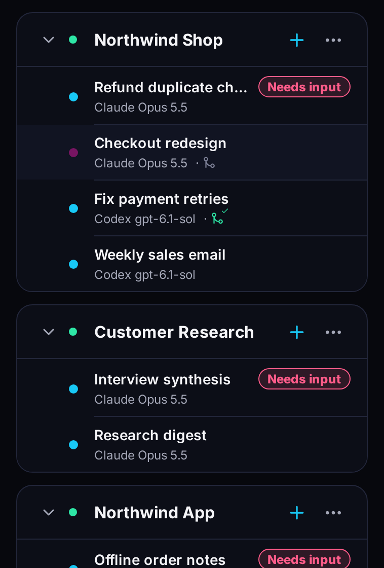Three projects, each with its own sessions on Claude, Codex, and OpenCode