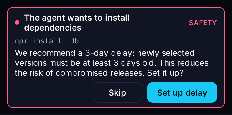 Before installing dependencies, Verity recommends a three-day delay for newly released versions
