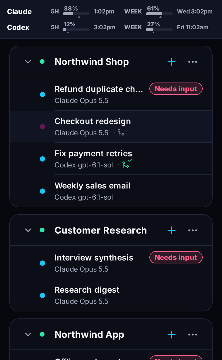 Three projects with parallel sessions on Claude, Codex, and OpenCode, with pull request markers and sessions waiting for input